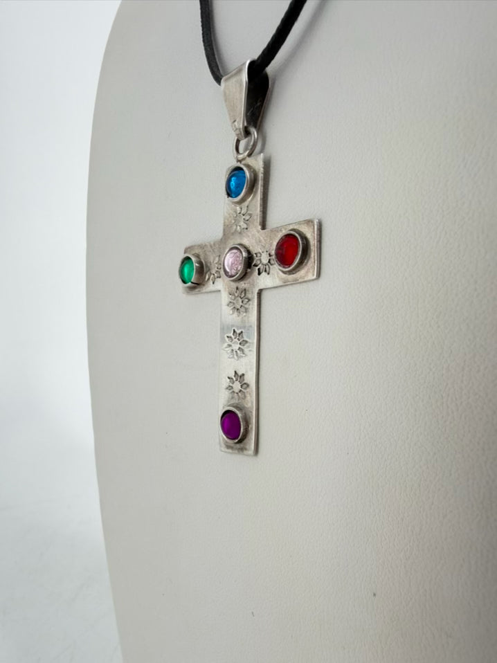 MEXICAN STERLING SILVER Multi Colored Cross Necklace