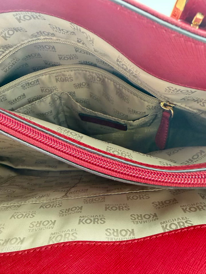 MICHAEL KORS Burgundy Jet Set Saffiano Leather Pocket Tote w/ Gold Tone Hardware