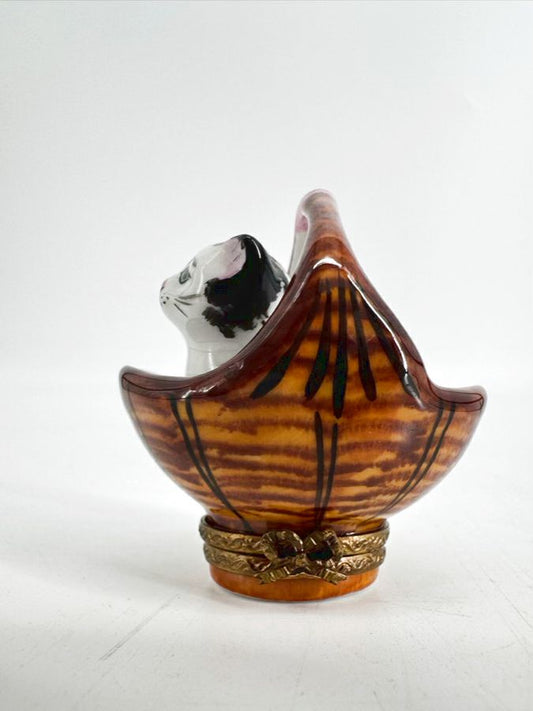 LIMOGES Brown, Black & White Cat in Basket Ceramic Trinket Box
