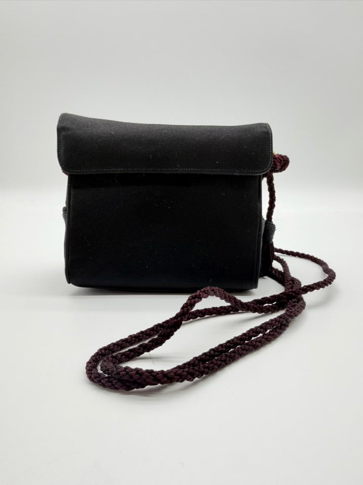 JUDITH LEIBER Black Satin Evening Bag w/ Gold Tone Heart Clasp