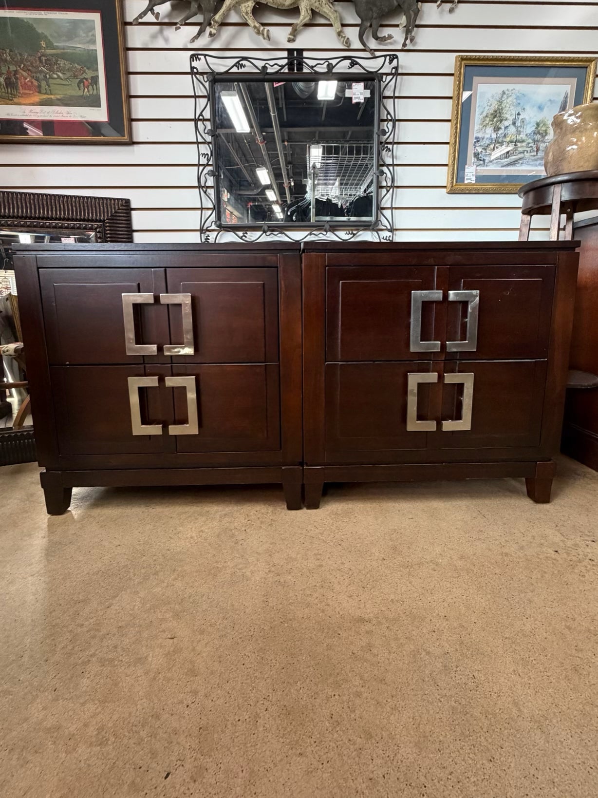 Dark Wood Pair of End Tables w/ Silver Metal Handles