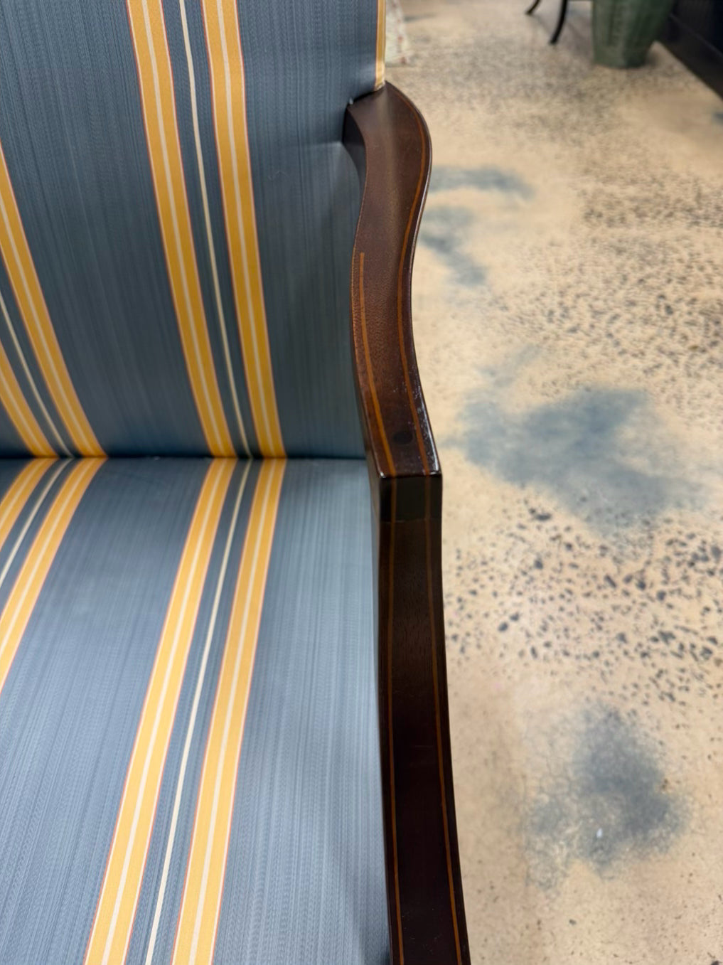 KINDEL MARTHA WASHINGTON Wood Chair w/ Blue & Yellow Stripe Fabric