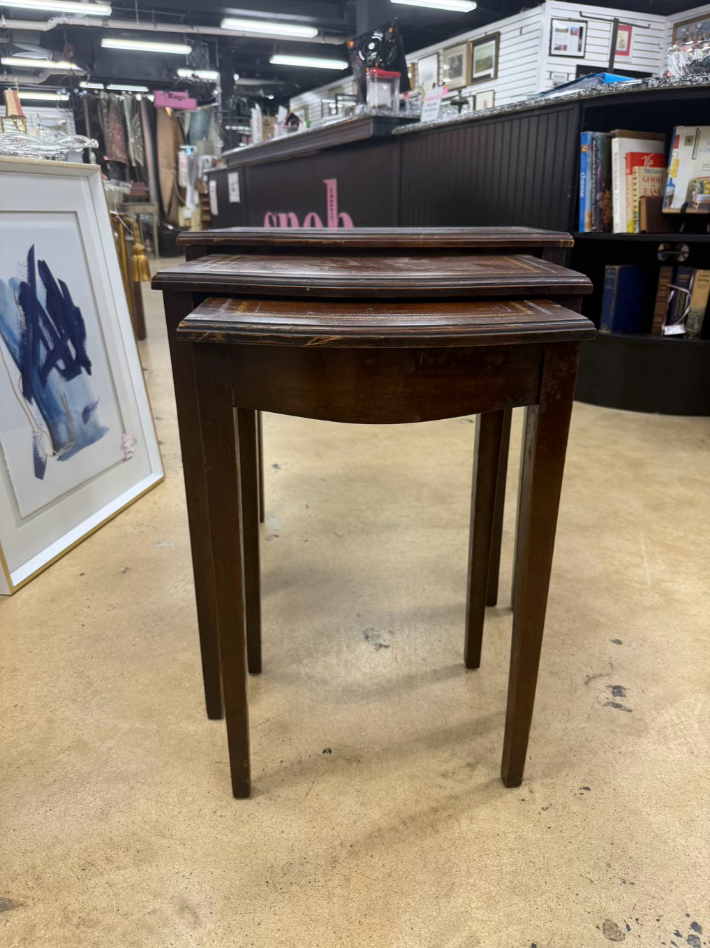 Dark Wood & Leather Nesting Tables Set of 3