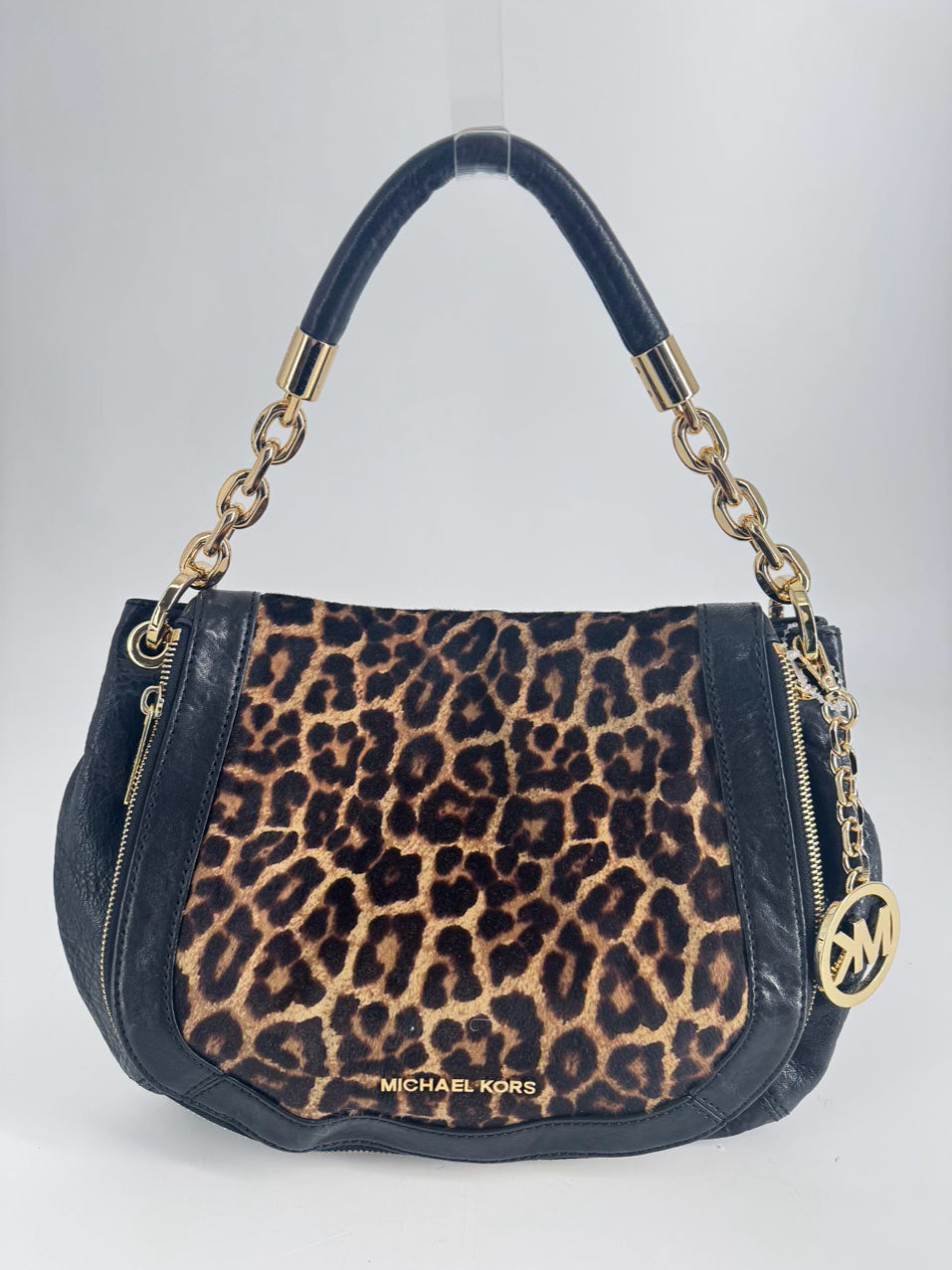 MICHAEL KORS Black Leather & Leopard Print Calf Hair Trim Stanthorpe Satchel