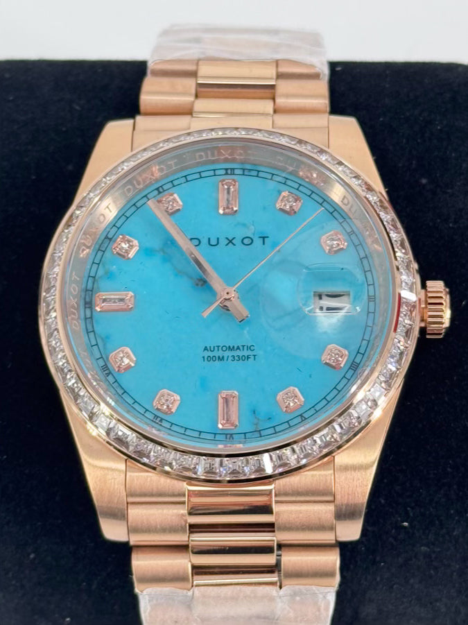 DUXOT Gold Tone & Turquoise Stainless Steel Stones Serenata Automatic Limited Edition Watch NWT