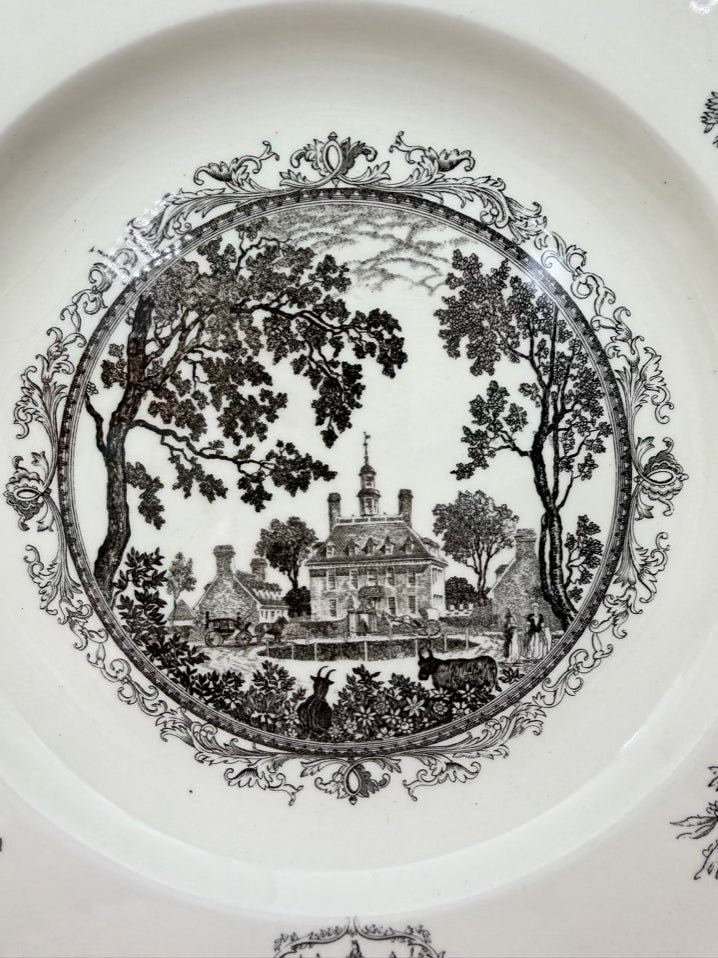 WILLIAMSBURG White & Black Transferware Set Of 8 Dinnerware Plates