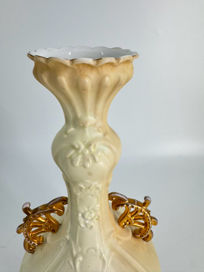 GERMANY-RUDOLSTADT Cream & Pink/Yellow Flowers Porcelain Vase