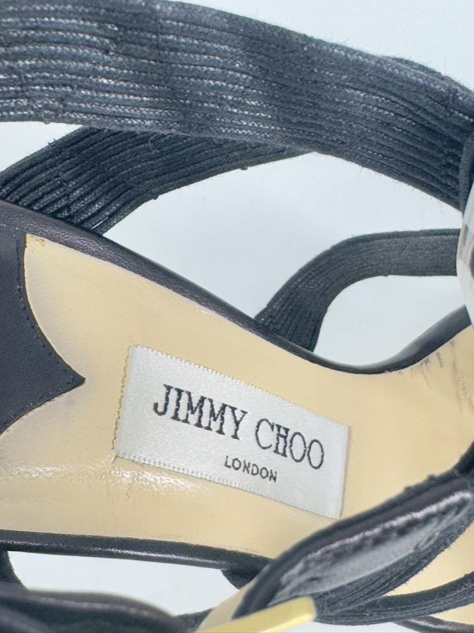JIMMY CHOO Size 37.5 Black & Gold Leather Strappy Pumps