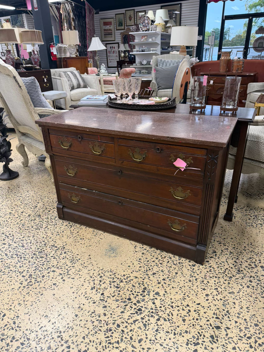 Victorian Wood 3 Drawer Chest w/ Pink Marble Top