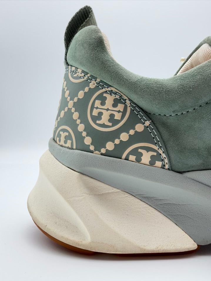 TORY BURCH WMNS Size 8.5 Teal & White Leather Monogram Sneakers