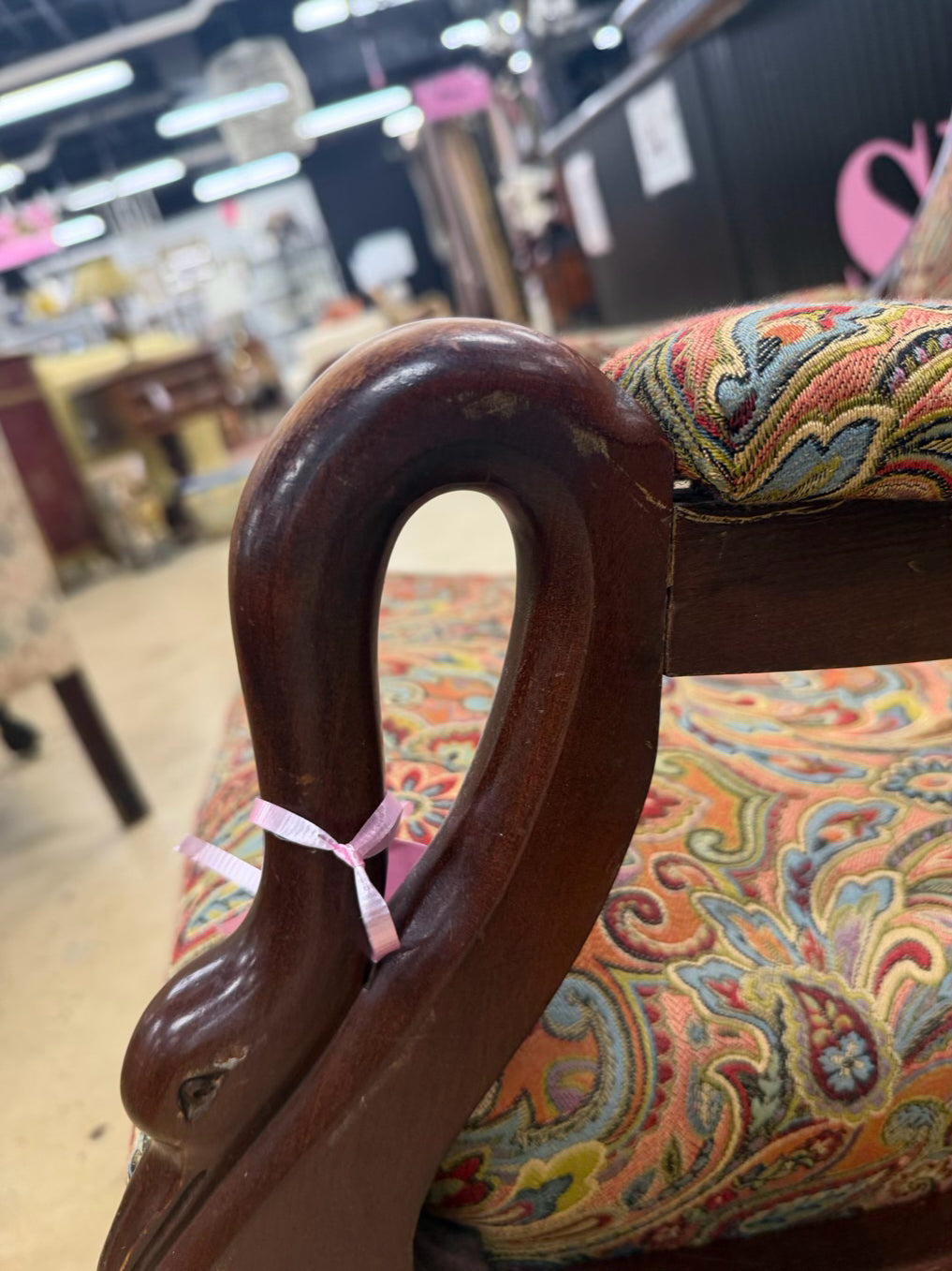 Orange, Blue & Red Paisley Fabric Gooseneck Rocking Chair