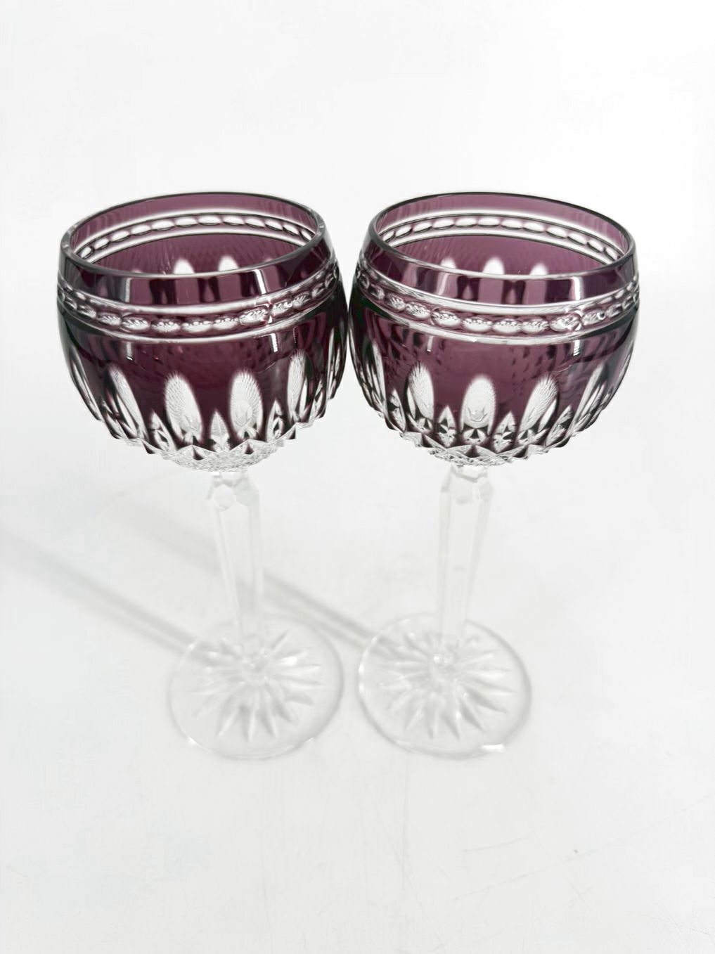 WATERFORD Clear & Purple Crystal Pair Of Wine Glasses