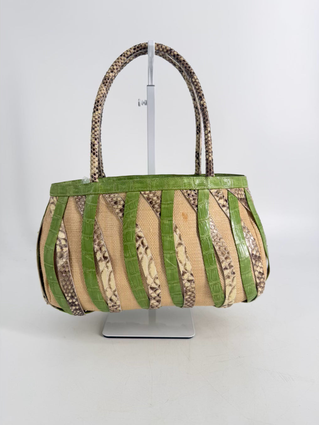 NANCY GONZALEZ Green Exotic Python , Crocodile & Canvas Tote Shoulder Bag