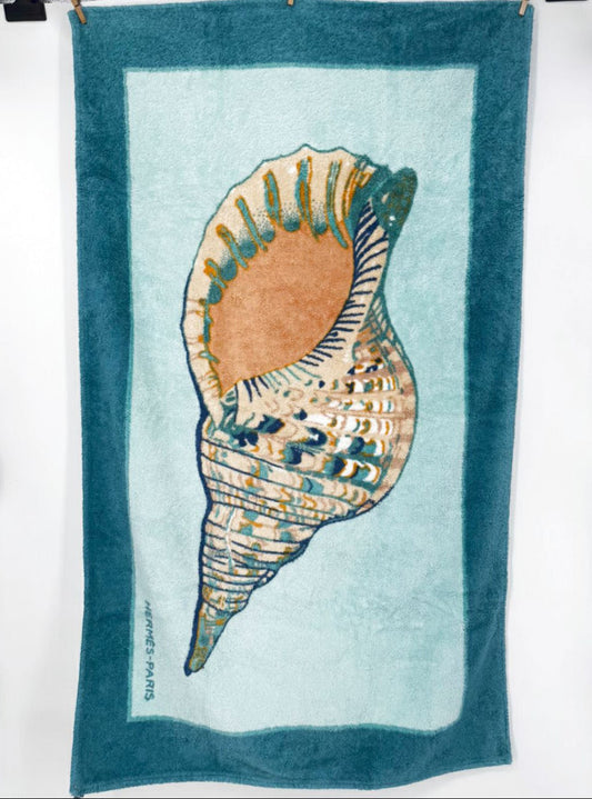 HERMES Blue & Tan Shell Beach Towel