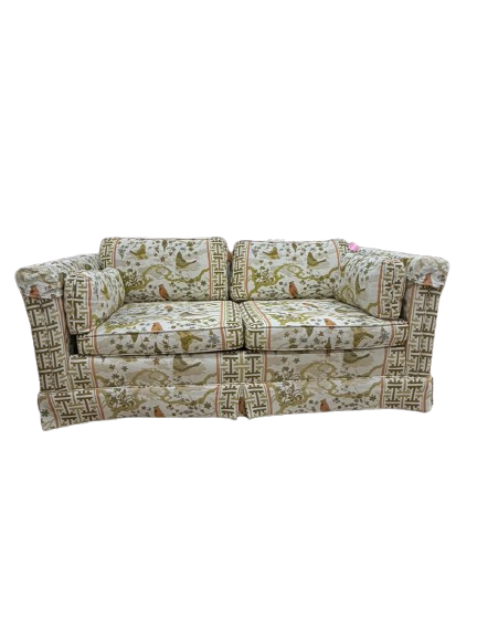 VINTAGE Cream, Gold, Green & Rust Birds Love Seat w/ 2 Cushions