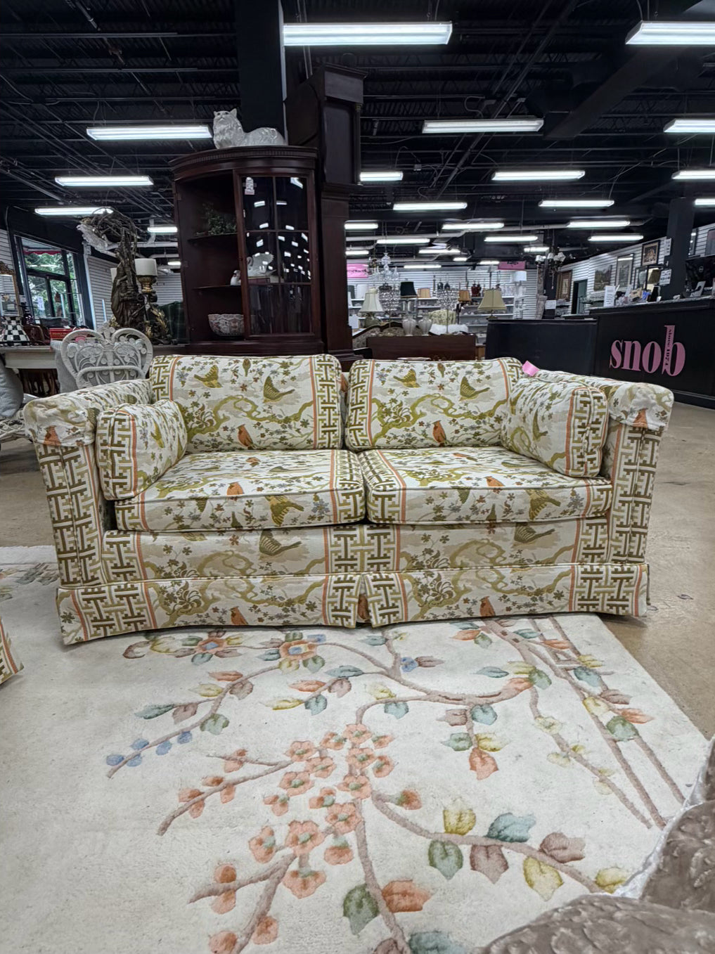 VINTAGE Cream, Gold, Green & Rust Birds Love Seat w/ 2 Cushions