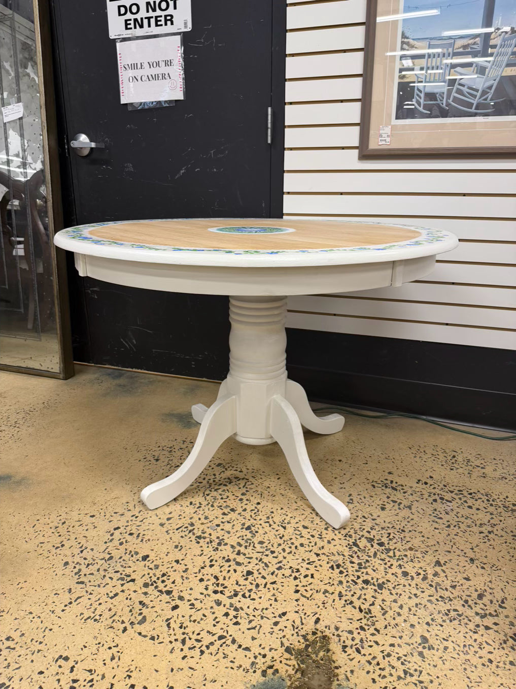 Blue, White & Green Natural Wood Hand Painted Boarder Round Table