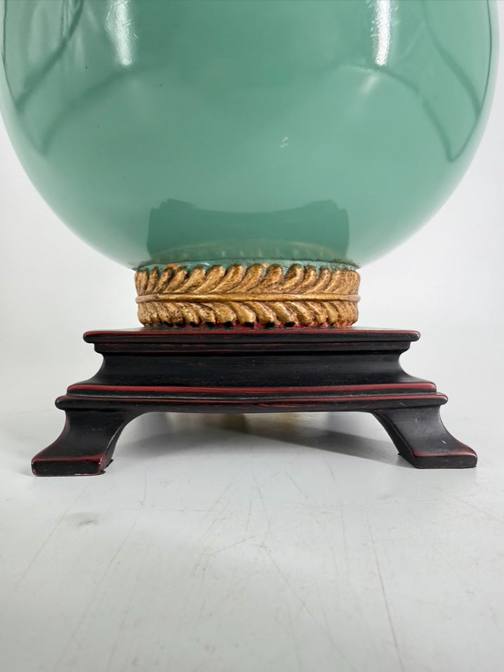 Aqua Lamp w/ Wood & Brass Like Base Detail & Shade