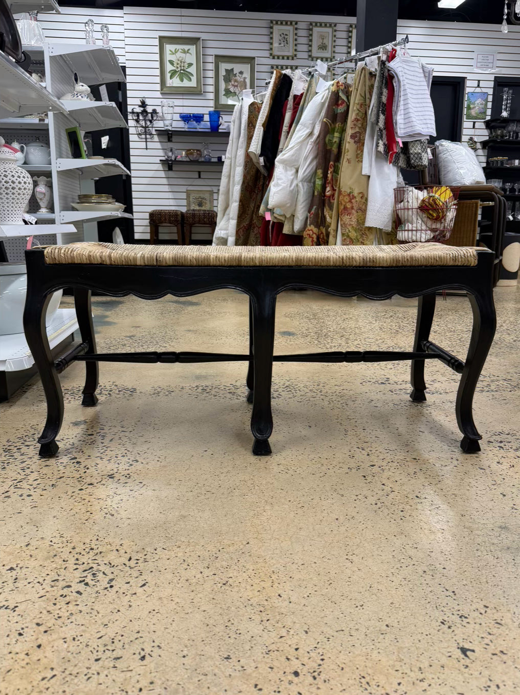 Black Wood French Bench w/ Natural Woven Rush Seat