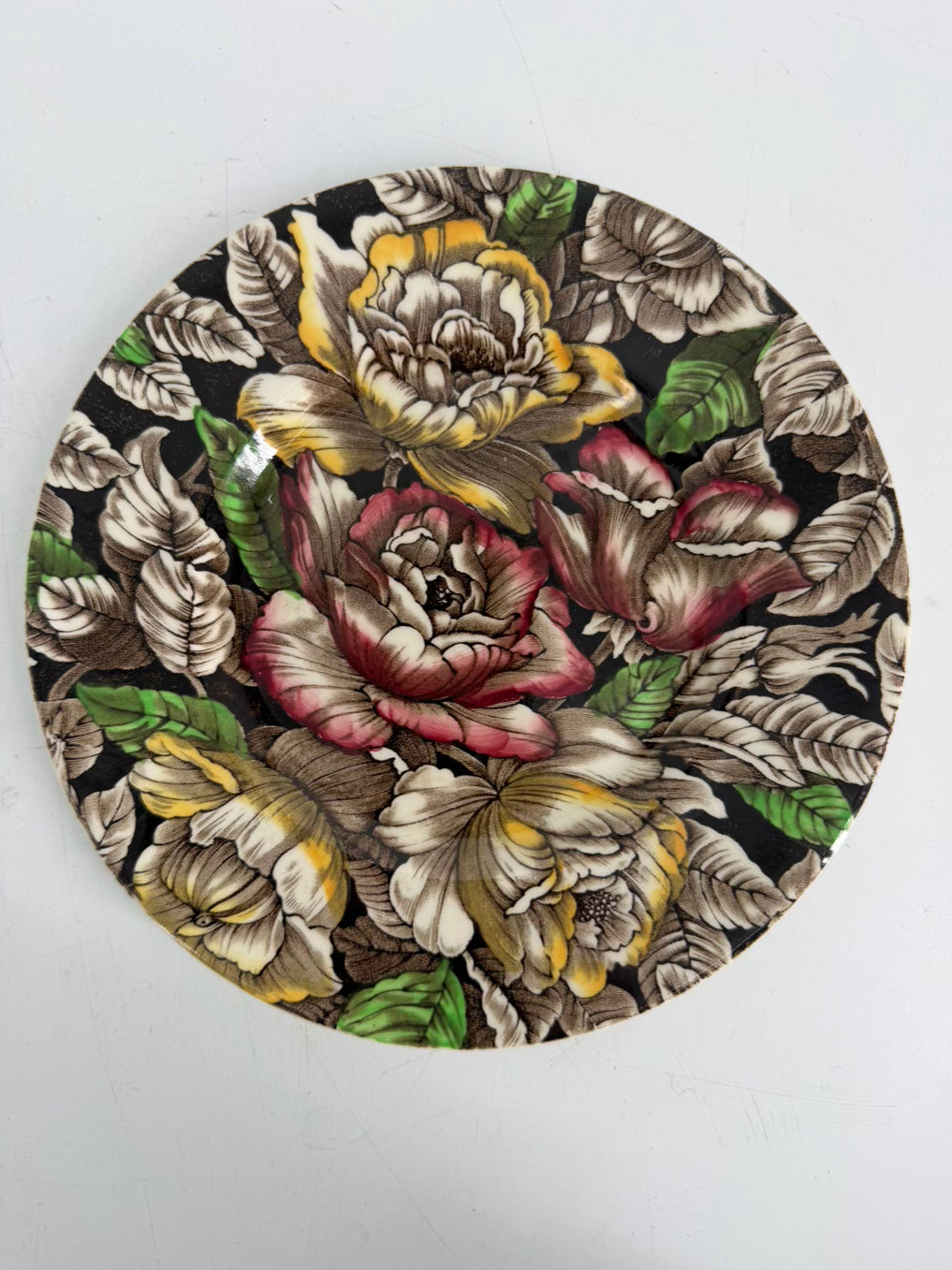 STAFFORDSHIRE Brown, Pink & Green Transferware Dinnerware Setting For 8 w/ 8 Salad Plates