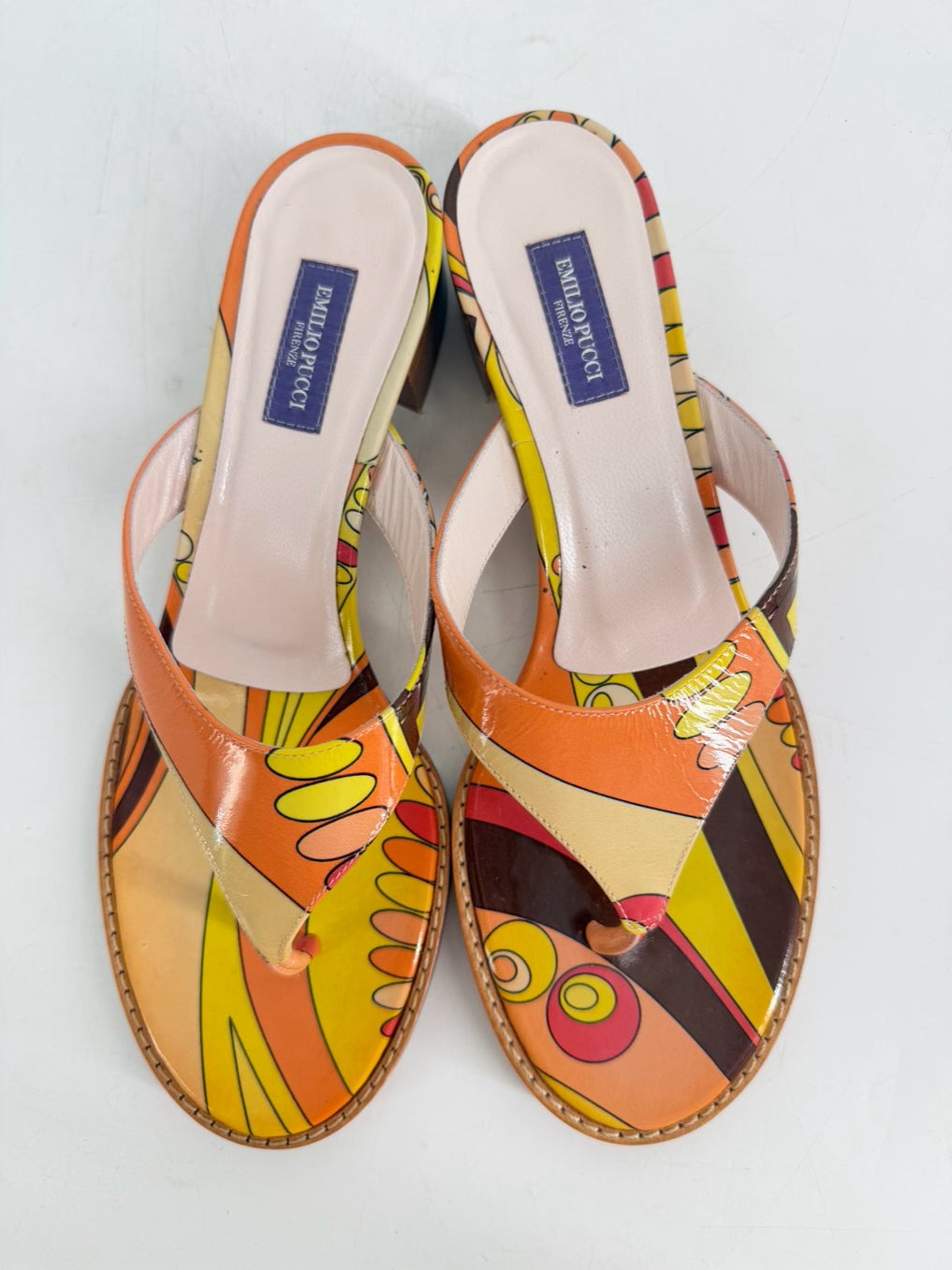 EMILIO PUCCI Size 38 Orange & Pink Leather Print Kitten heels