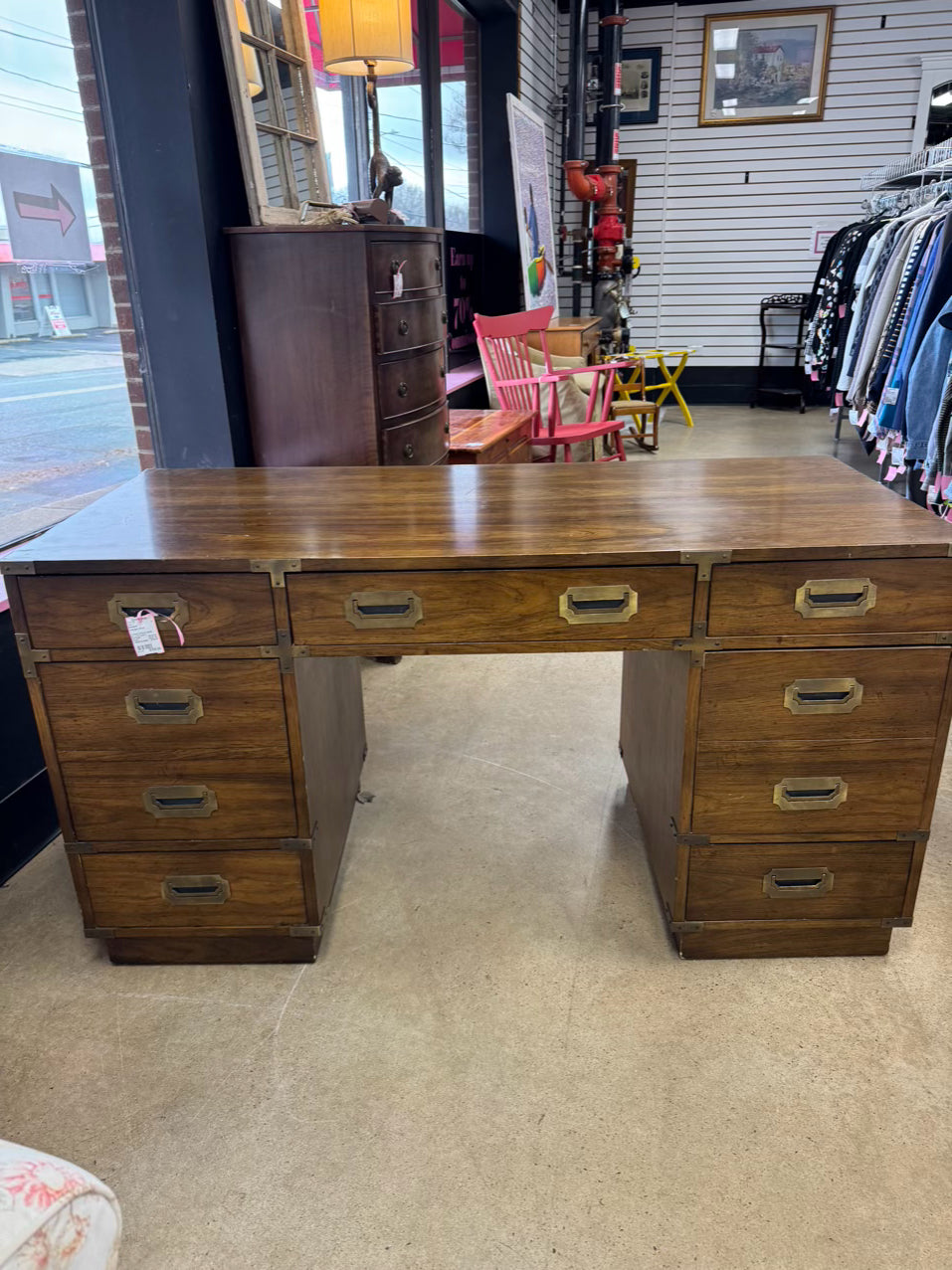BERNHARDT Wood & Brass Campaign 9-Drawer Desk