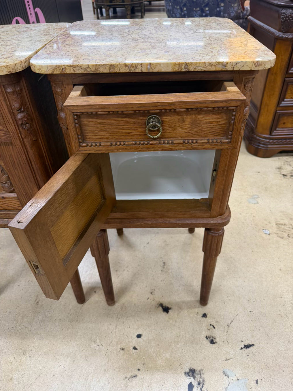 Light Oak Pair of End Tables w/ Stone Top