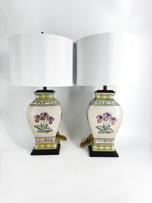 Cream, Purple & Green Porcelain Flower Pair Of Lamps w/ Shades