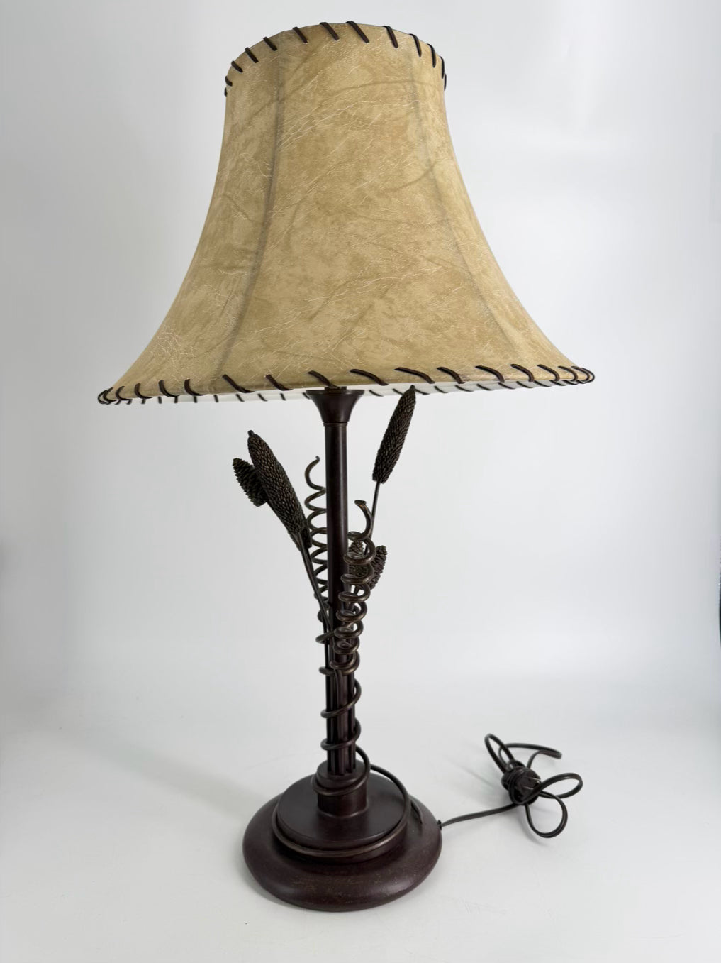Brown Metal Cat Tail & Pine Cones Lamp w/ Shade