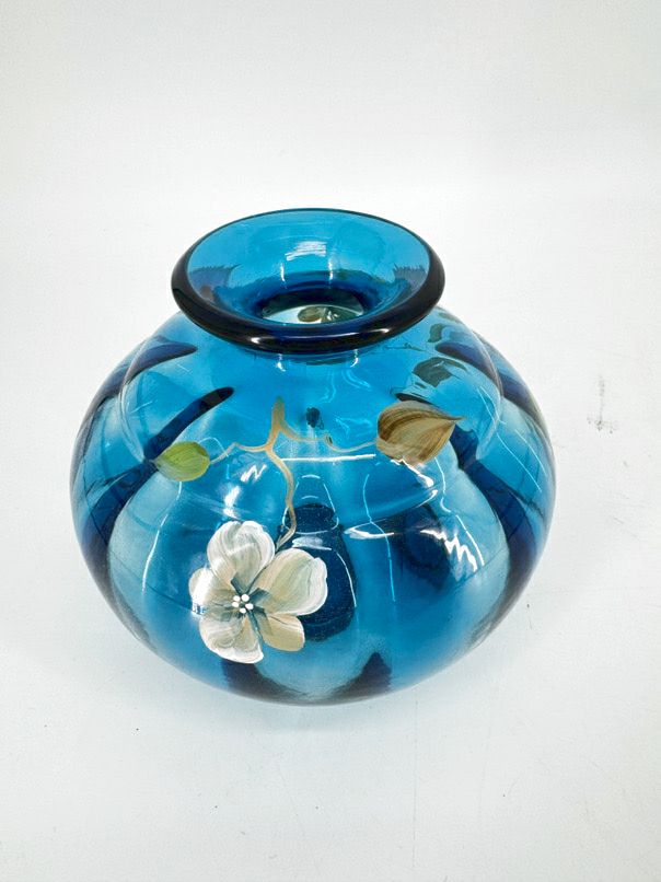 FENTON S. BRYAN Blue Glass Hand Painted Flowers Vase
