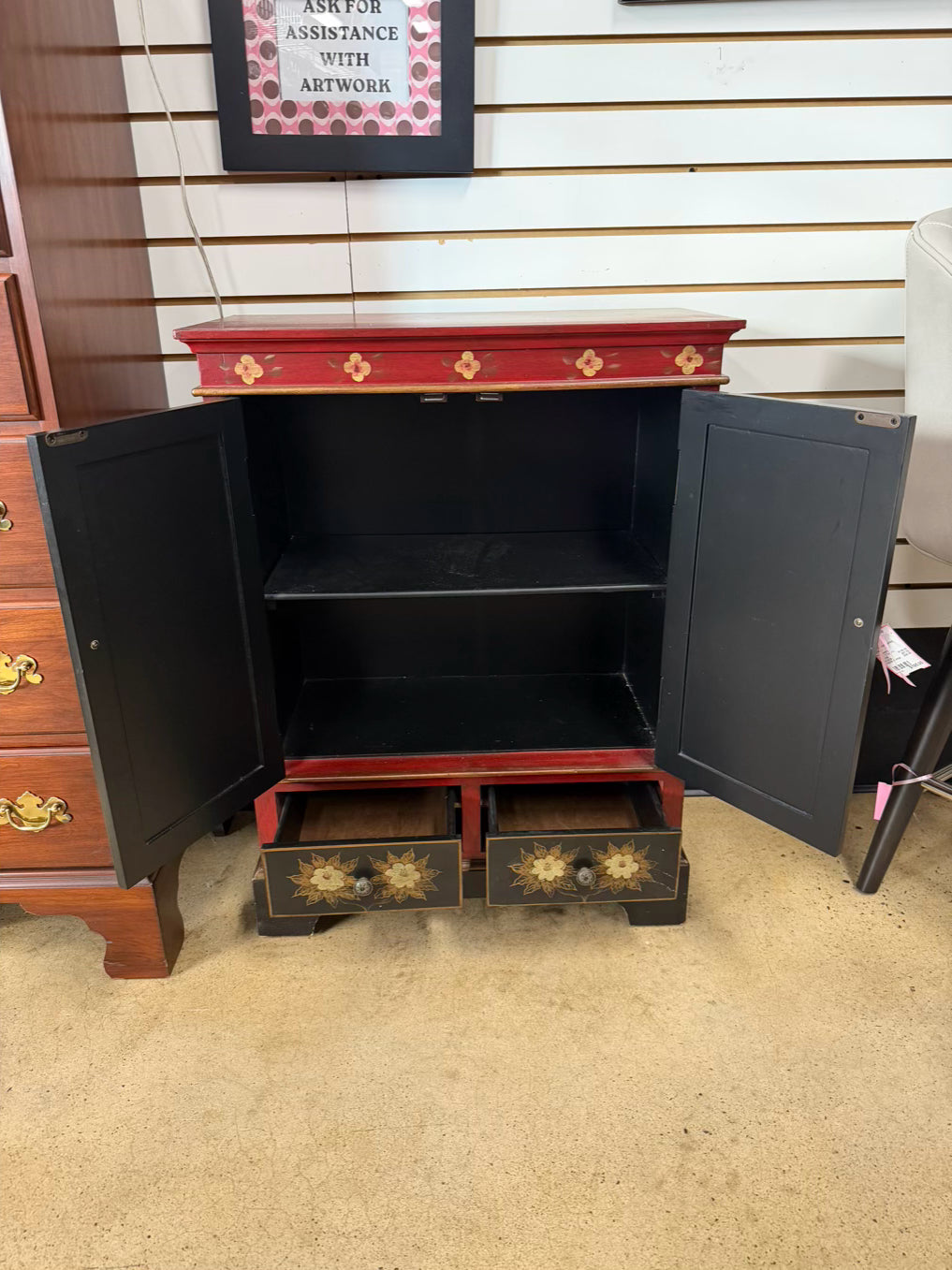 Black & Red Asian Inspired Painted Cabinet w/ 2 Drawers