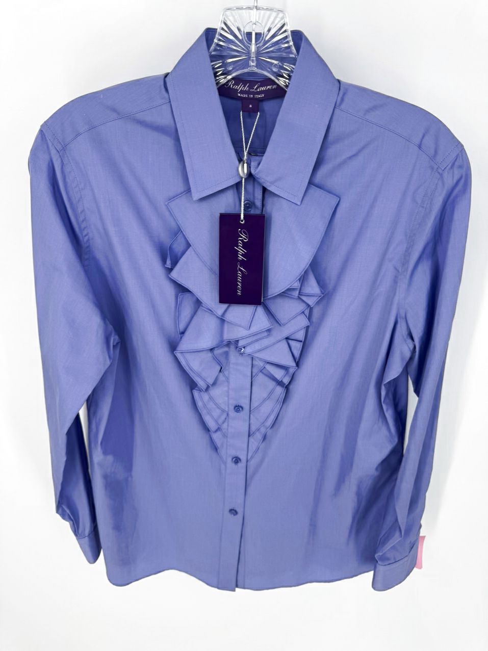 RALPH LAUREN PURPLE LABEL Size 8 Lavender Cotton Ruffle Detail Blouse NWT