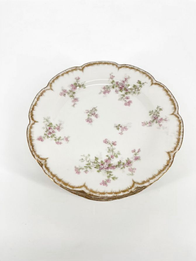 LIMOGES Pink Flowers W/ Gold Trim Set of 6 Plates