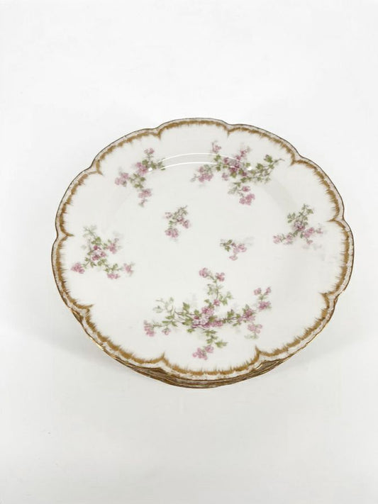 LIMOGES Pink Flowers W/ Gold Trim Set of 6 Plates