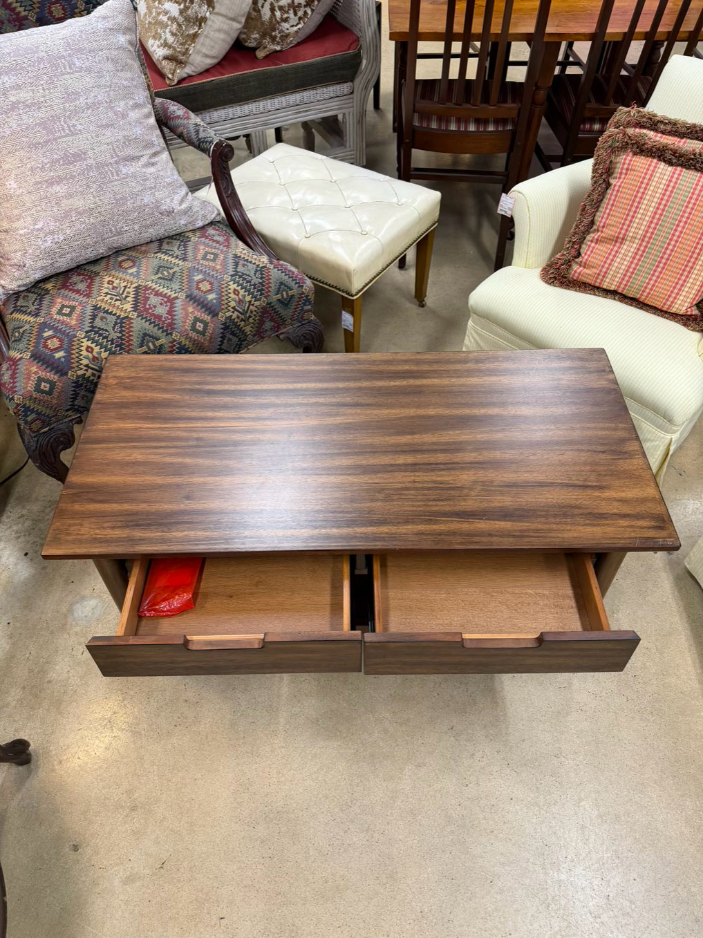 Dark Wood Mid Century Look Coffee Table w/ 2 Drawers