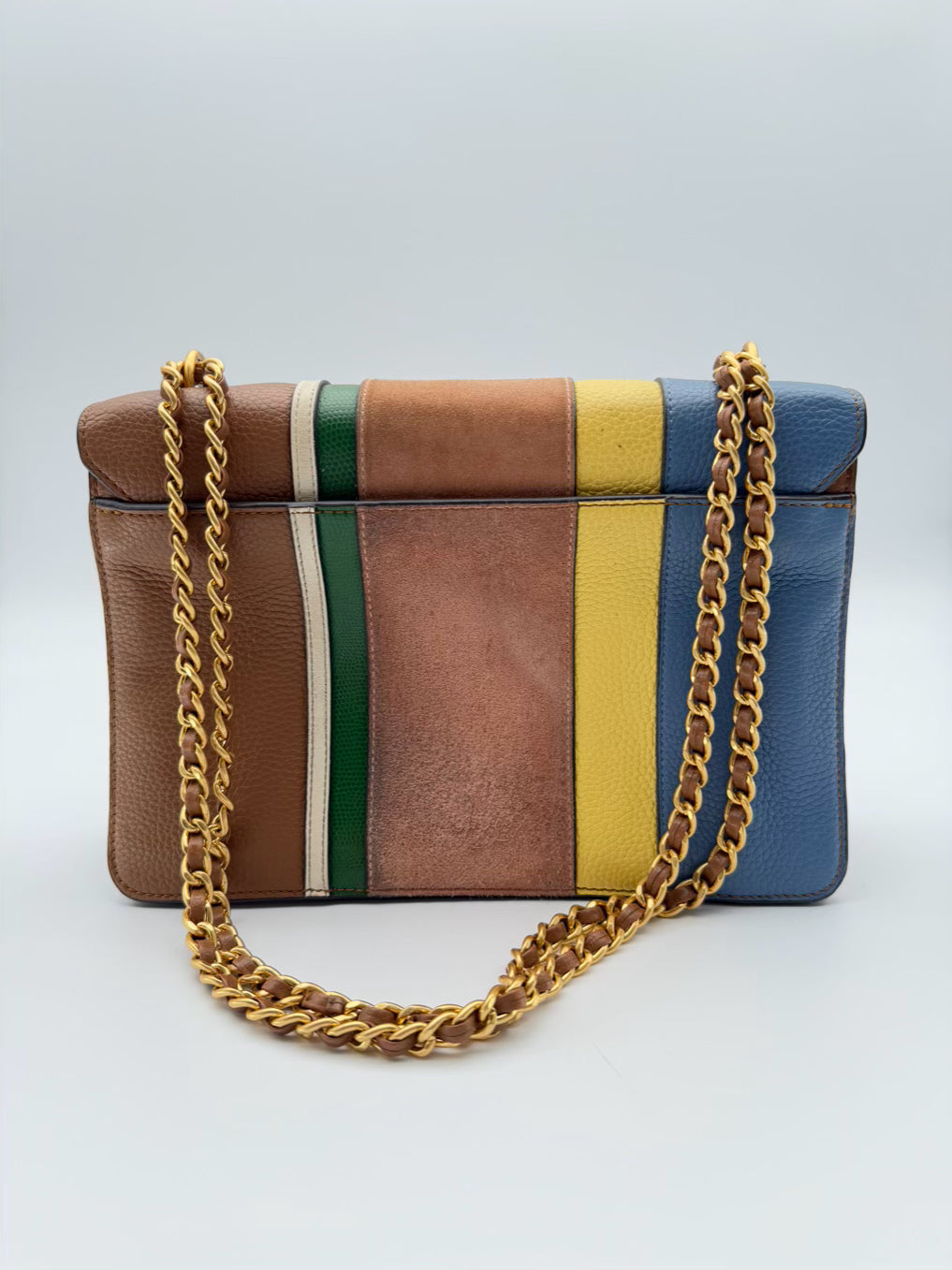 TORY BURCH Brown, Blue & Yellow Britten Stripe Leather Purse