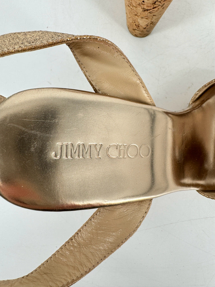 JIMMY CHOO Size 35 Champagne Glitter Cork Wedge Sandals