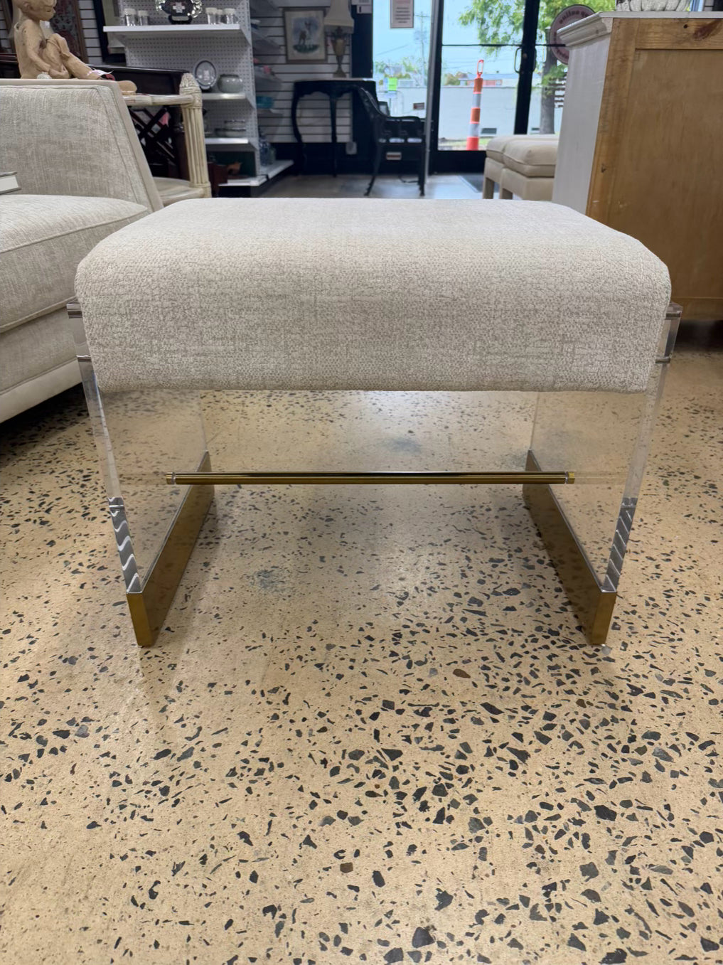 Lucite & Brass Stool w/ Cream Fabric