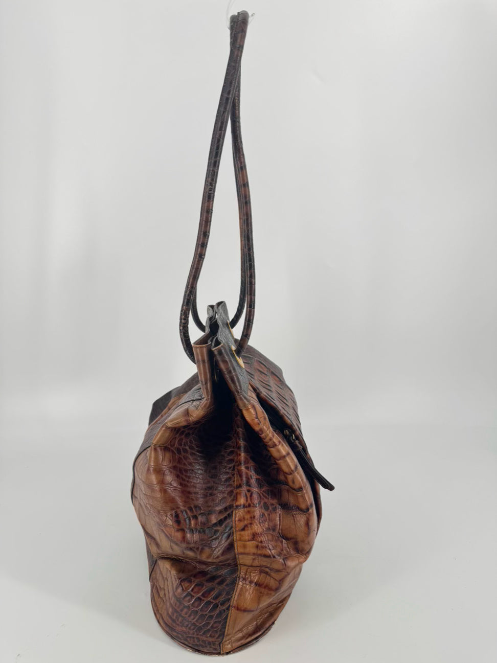 BRAHMIN Cognac Crocodile Leather Claire Bucket Bag