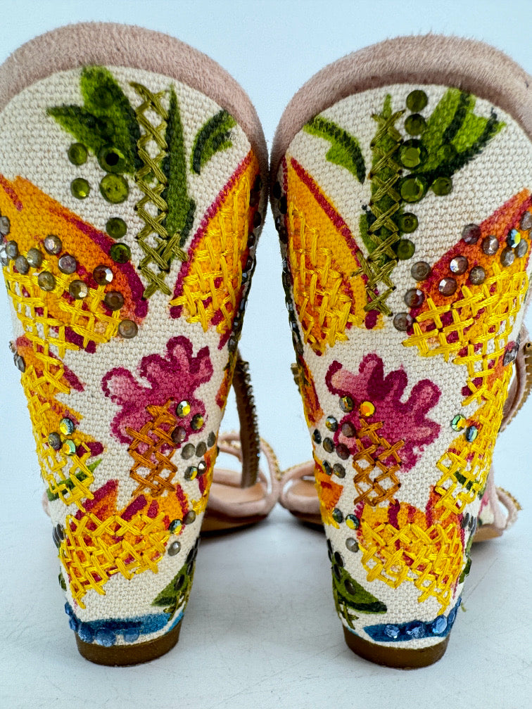 GIUSEPPE ZANOTTI Size 35 Natural Floral Embroidered Wedge Sandals