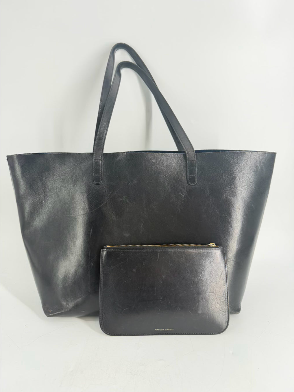 MANSUR GAVRIEL Black Leather Tote Bag w/ Small Zipper Pouch