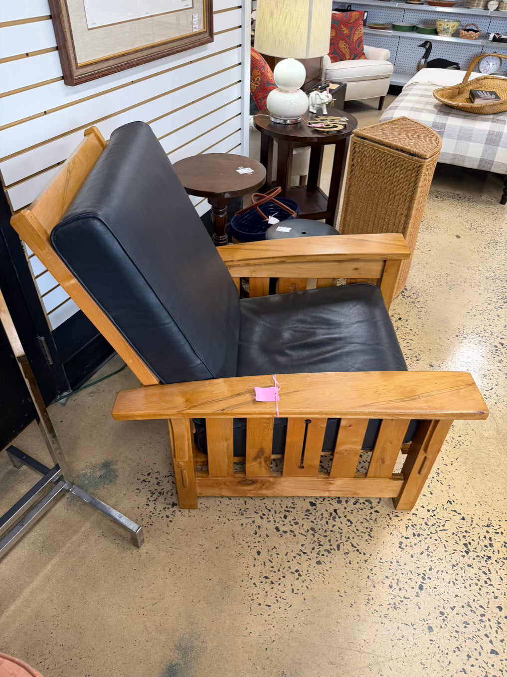 HAND CRAFTED Light Maple William Morris Style Chair w/ Black Leather Cushions