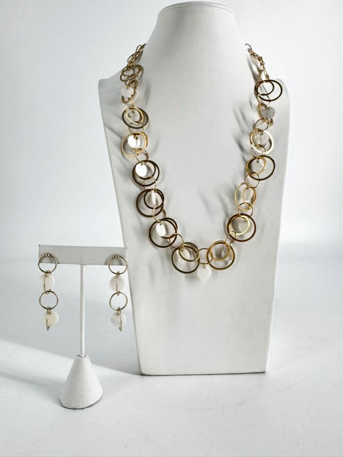 KENNETH JAY LANE Gold Tone Mother Of Pearl Disc Dangle Necklace & Earring Set