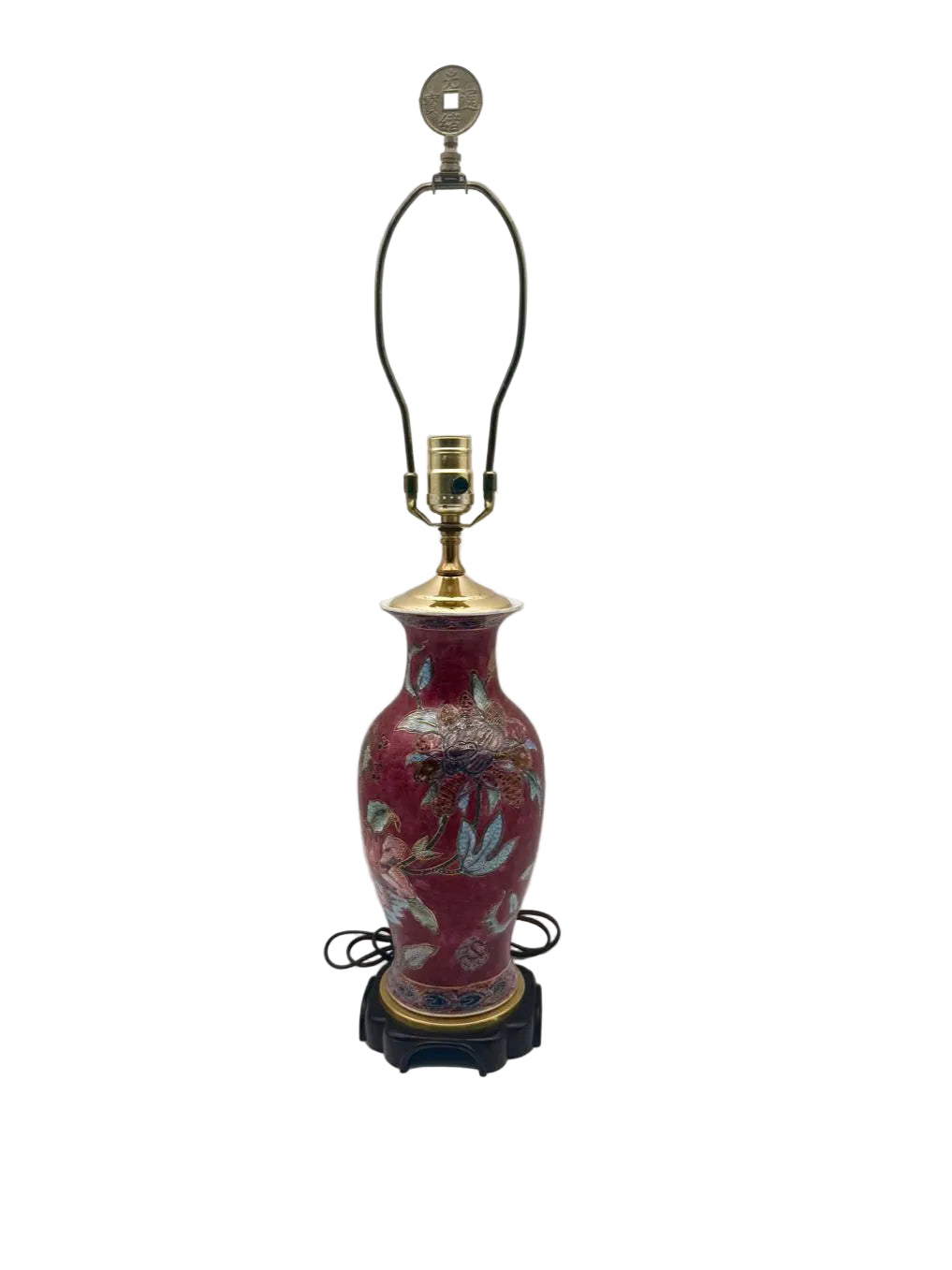 Burgundy & Blue Porcelain Jar Asian Inspired Lamp On Brown Wooden Base