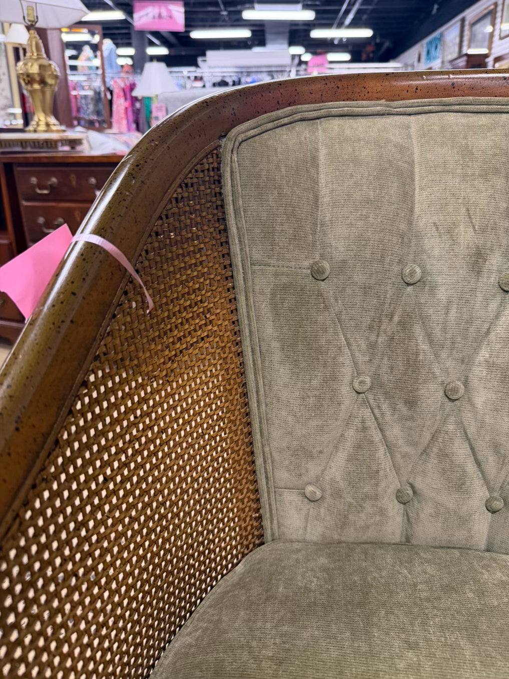 VINTAGE Brown Cane Chair w/ Green Upholstery