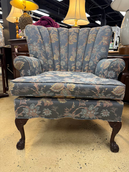 VINTAGE Blue & Pink Barrel Back Floral Chair w/ Queen Anne Legs