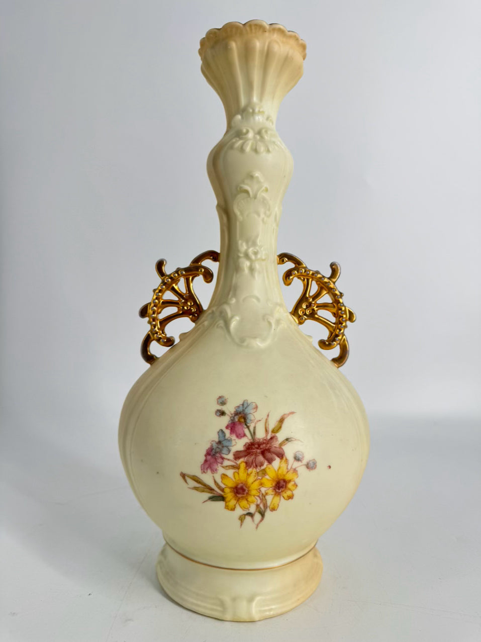 GERMANY-RUDOLSTADT Cream & Pink/Yellow Flowers Porcelain Vase