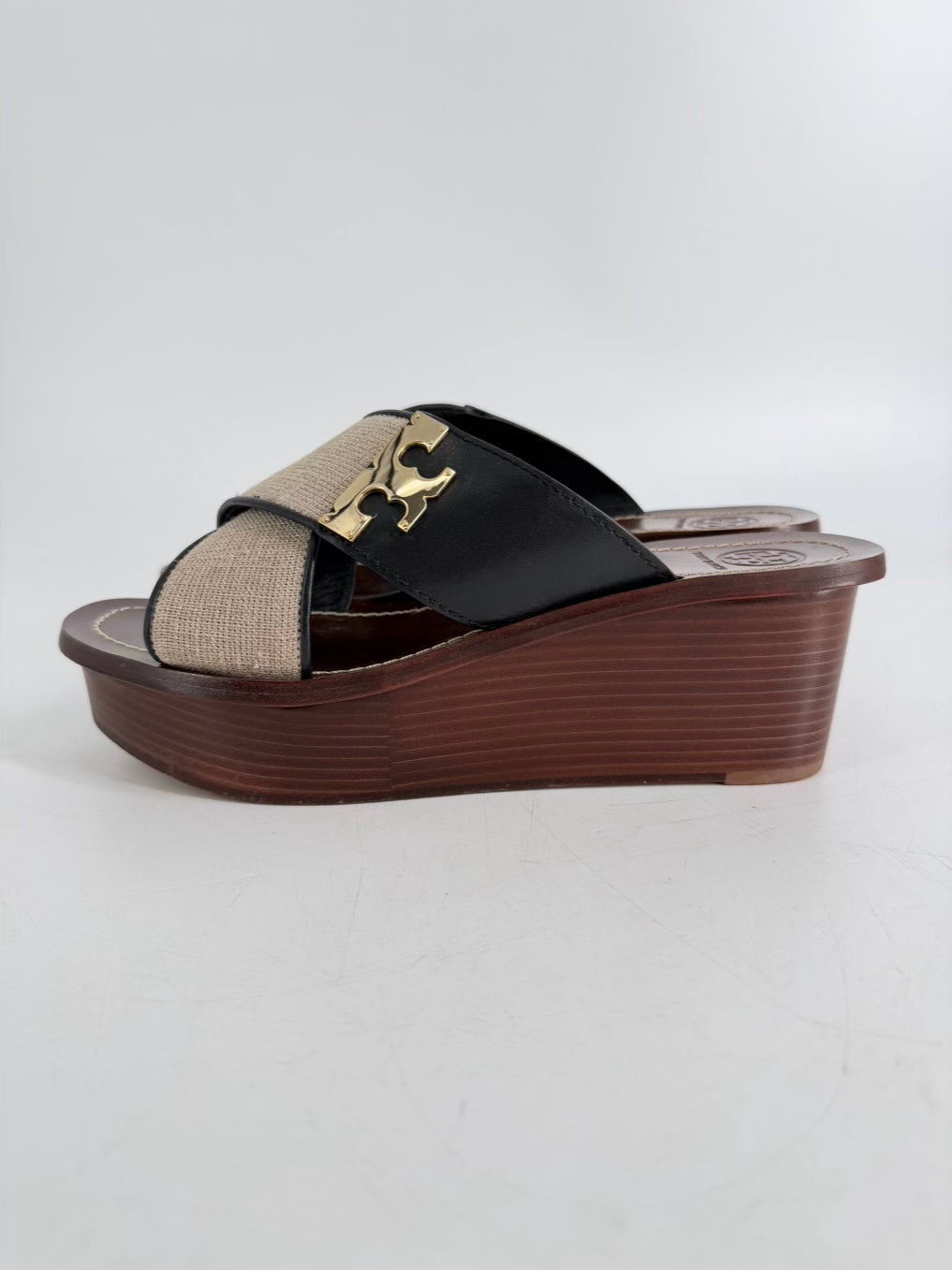 TORY BURCH Size WMNS 8.5 Black & Beige Canvas and Leather Platform Slide Sandals