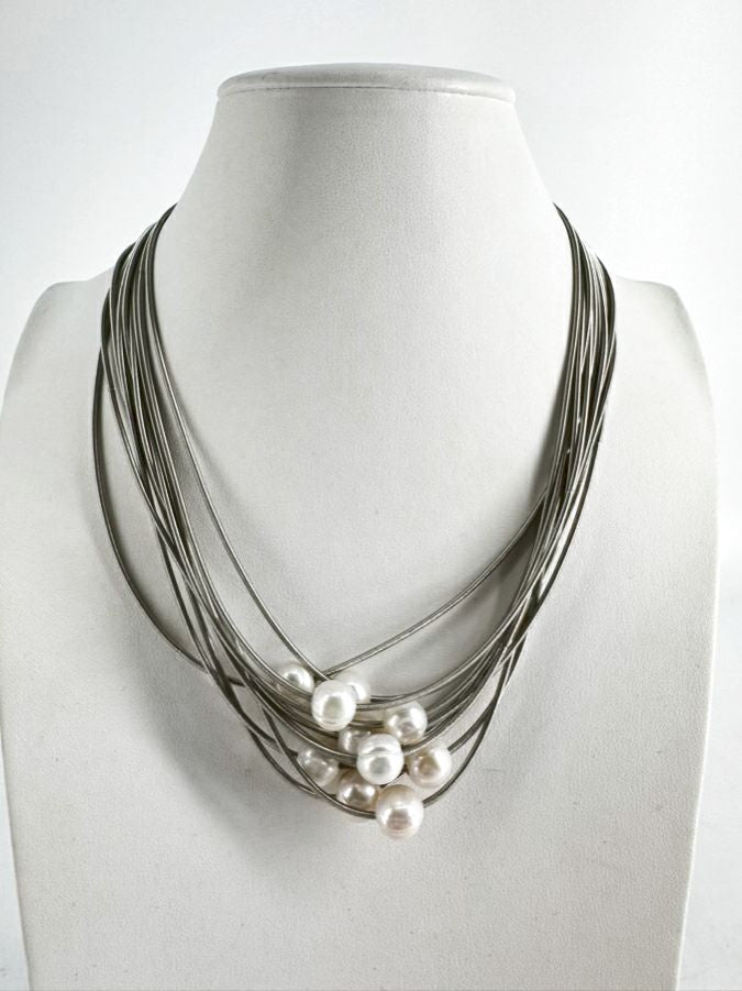 SEA LILY Multistrand Piano Wire & Pearl Magnetic Closure Necklace