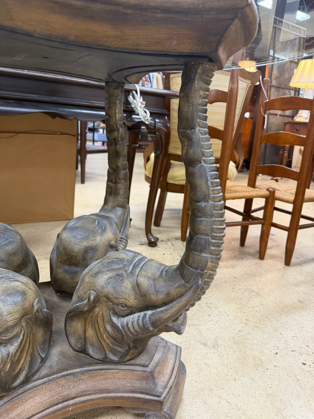 Tan & Clear Resin & Glass Round Elephant Occasional Table